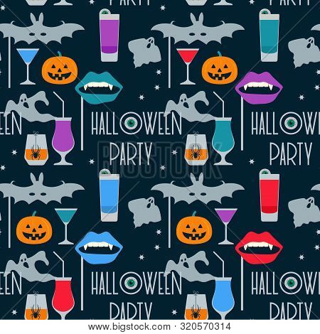 Halloween Party 2020. Vector Seamless Pattern With Inscription Halloween Party, Eye, Bat Mask, Vampi
