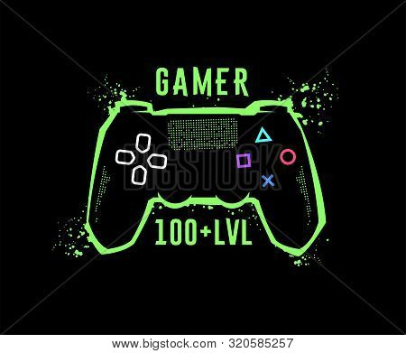 Gamer 100 Level. Gamepad Emblem, T-shirt Graphics. Vector Illustration.