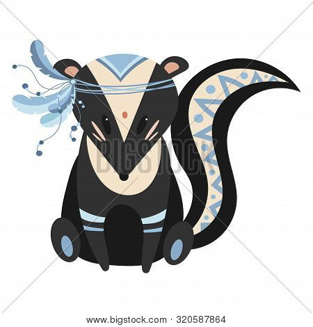 Cartoon Skunk Indian. Vector Illustration Of A Cute Skunk In A Headdress With Feathers. Drawing Anim