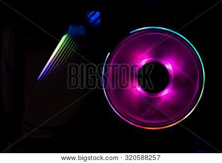 Cooler Of Processor With Neon Light. Led Light, Cpu Cooler. Computer Circuit Board And Cpu Cooling F