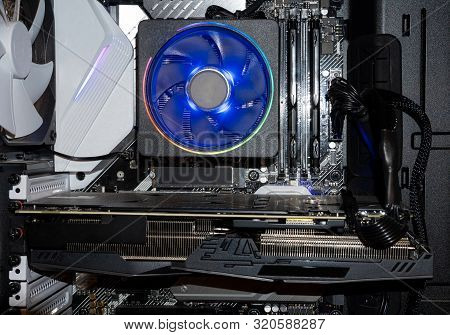 Cooler Of Processor With Neon Light. Led Light, Cpu Cooler. Computer Circuit Board And Cpu Cooling F