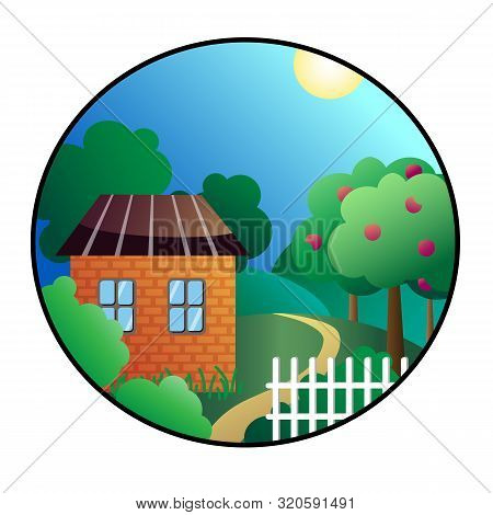 Farm House With A Garden In The Countryside. Cartoon Landscape With Trees And A Little Brick House.
