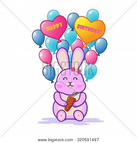 Vector Cartoon Illustration Of A Pink Rabbit With Balloons And A Carrot. Happy Birthday Greeting Ill