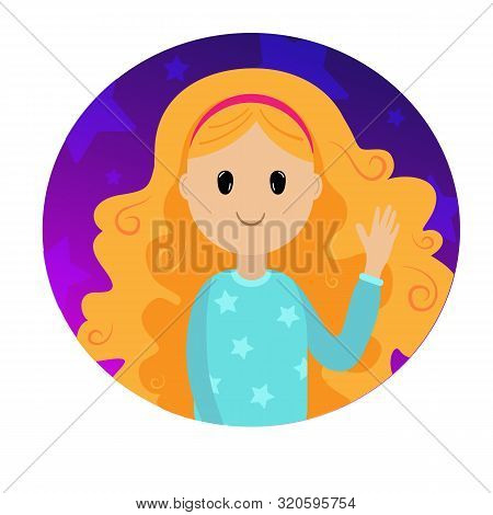 Young Pretty Smiling Girl With Blond Curly Long Hair Waves Her Hand. Vector Girl Icon.