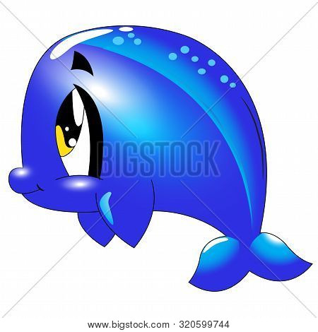 Cute Blue Dolphin Isolated On White Background. Vector Illustration Marine Animal Minimalistic.