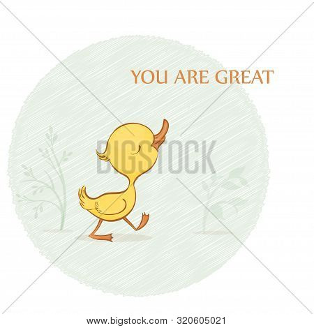 Vector Hand-drawn Illustration Of A Cute Cartoon Walking Cockahoop Yellow Duckling With Green Plants