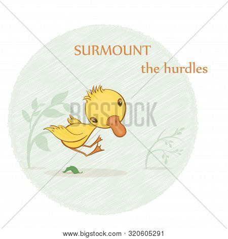 Vector Hand-drawn Illustration Of A Cute Jumping Yellow Duckling With Green Plants And A Text