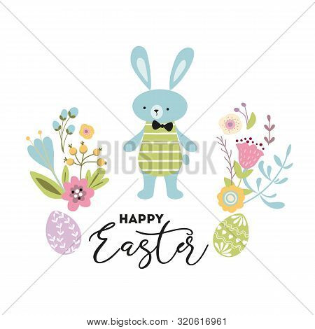 Happy Easter Hand Drawn Cute Vector Illustration With Rabbit Bunny Boy Eggs, Spring Flowers On White