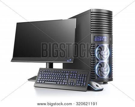 Desktop Pc. Computer With Monitor, Keyboard And Mouse Isolated On White Background. 3d Render