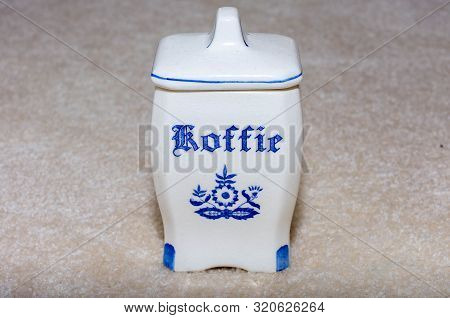 Delft Blue Coffee (koffie) Container. Famous Porcelain Souvenirs From Holland/netherlands. Isolated 