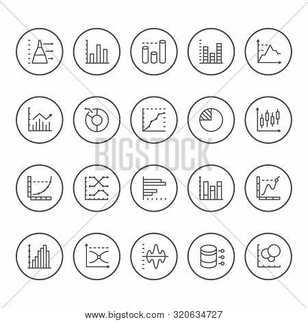 Set Round Line Icons Of Graph And Diagram Isolated On White. Vector Illustration