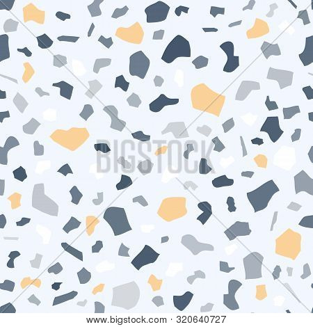 Terrazzo Seamless Vector Pattern In Blue And Yellow Volors. Classic Italian Flooring Texture In Vene
