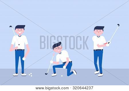 Set Of Golf Cartoon Players In Modern Flat Style. Golf Equipment Icon. Isolated Character Playing Go