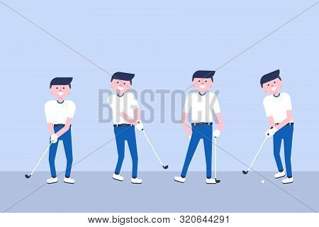 Set Of Golf Cartoon Players In Modern Flat Style. Golf Equipment Icon. Isolated Character Playing Go