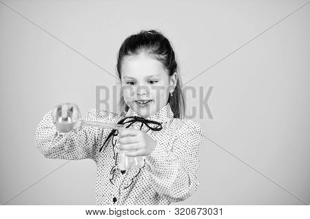 Child Study Bilogy Lesson. Small Smart Girl With Testing Flask. Back To School. Science Research In 
