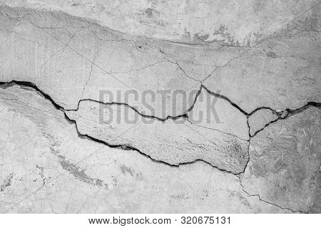 Grunge Concrete Wall At Covered With Gray Cement Old Surface With Crack In Industrial Building, Grea