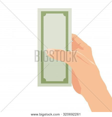 Money On Hand, Bill, Bank Note. Businessman Giving A Cache. Vector Illustration In Carton Style Isol
