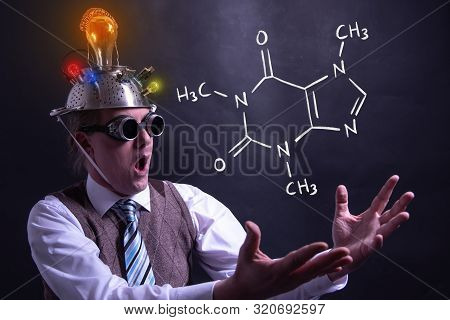 Nerd Presenting Handdrawn Chemical Formula Of Caffeine