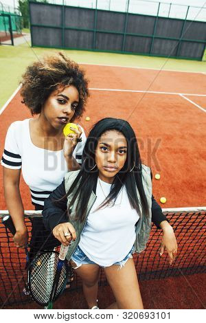 Young Pretty Girlfriends Hanging On Tennis Court, Fashion Stylish Dressed Swag, Best Friends Happy S