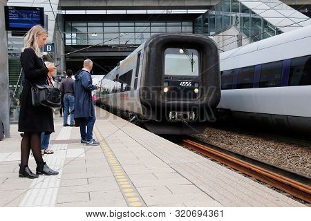 Copenhagen, Denmark - September 4, 2019: Arriving International Oresundstag At Orestad Railroad Stat