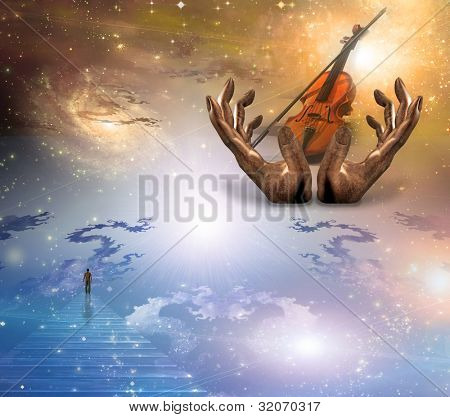 Gesicht blickte oben mit Violine