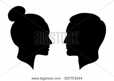Man And Woman Silhouettes. Male And Female Profiles Isolated On White Background. People Symbols. Ve