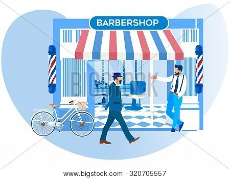 Barker Stand In Front Of New Barbershop Window Inviting Pedestrians Come In For Beauty Procedures An