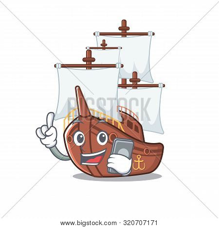 With Phone Pirate Ship Isolated With The Cartoon