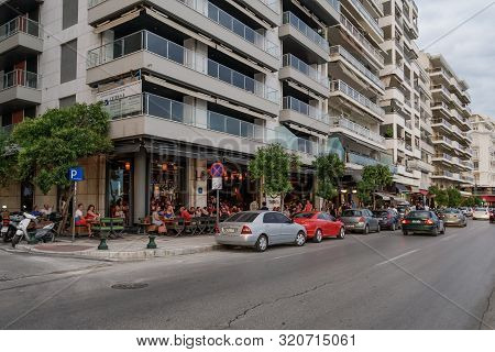 Thessaloniki, Greece - August 15 2019: People Enjoy Coffee At City Center Cafe Bars. Unidentified Cr