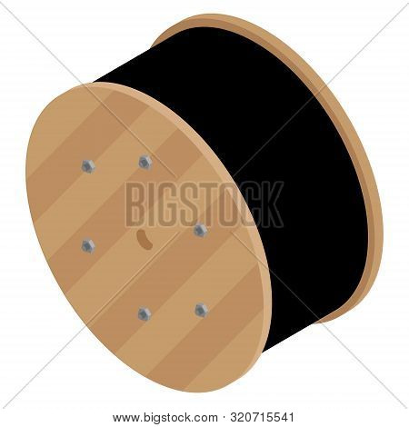 Black Wire Electric Cable With Wooden Coil Of Electric Cable.