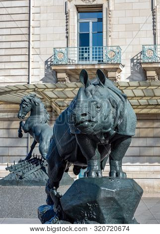 Paris, France - September 02 2019: Rhinoceros Statue In Front Of Museum Dorsay - By Henri-alfred Jac