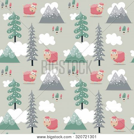 Seamless Cute Scandinavian Pattern Sheep Tree Mountains