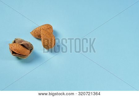 Minimal Modern Composition With Just From The Branch Nuts, No Shelled Almonds On Light Blue Backgrou