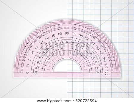 School Supplies. Measuring Tool. Pink Transparent Plastic Protractor On White And Sheet In A Cell. D