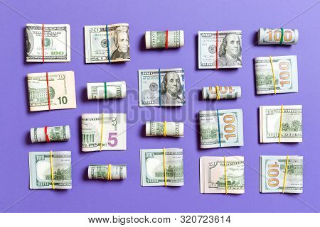 Money Background With American Hundred Dollar Bills On Top Wiev With Copy Space For Your Text In Bus