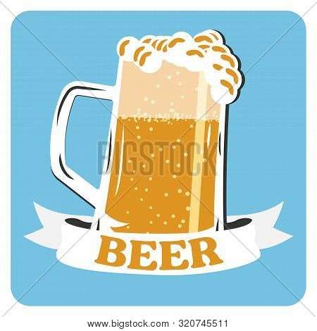 Beer Vector Icon. Beer Cold Drink Sign. Mug Of Foamy Beer On A Blue Background.