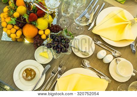 Luxury Wedding Party Dinner Table Setting Concept.