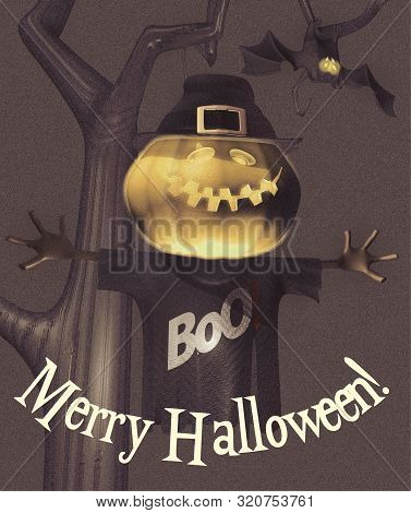 Greeting Card Merry Halloween With Scary Pumpkin And Bat