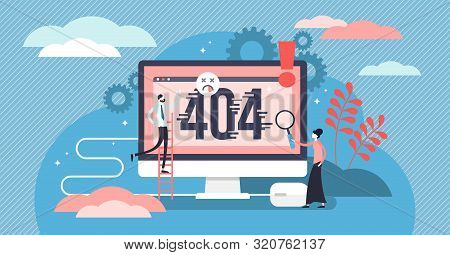 Error 404 Vector Illustration. Flat Tiny Website Mistake Alert Persons Concept. Page Not Fount Fail 