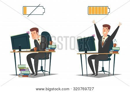 Full Of Energy And Tired Business People, Vector Flat Illustration