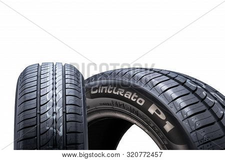 Krasnoyarsk, Russia, September 2: New Summer Tires Pirelli Cinturato P1, Isolated On A White Backgro