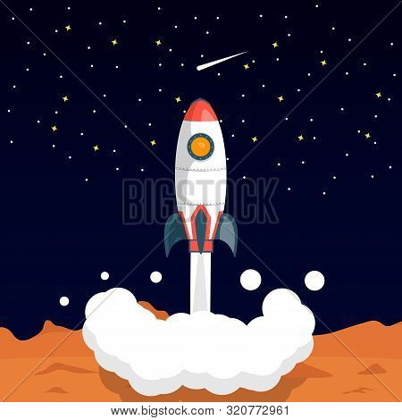 Space Rocket Takes Off From The Surface Of The Planet. The Launch Of A Rocket Into Far Space. Vector