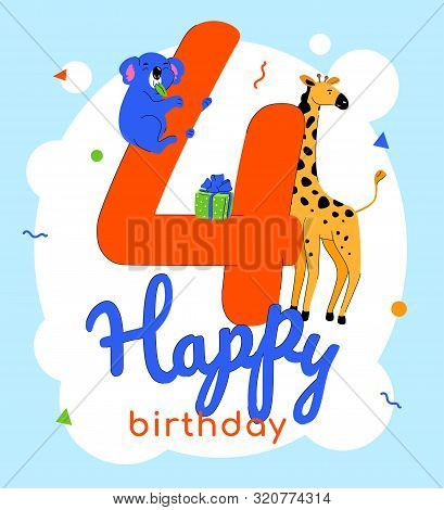 Children 4th Birthday Greeting Card Vector Template