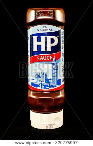 Torrevieja, Spain - Sept 06 2019 : Hp Brown Sauce Isolated On Black.