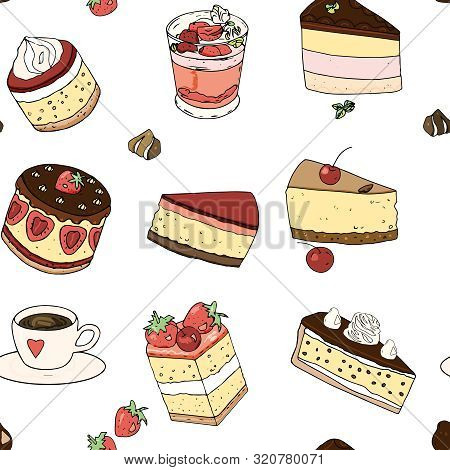 Sweets Seamless Pattern: Cheesecake Cake, Candy, Cherry, Strawberry For Decorating A Cafe, Packaging