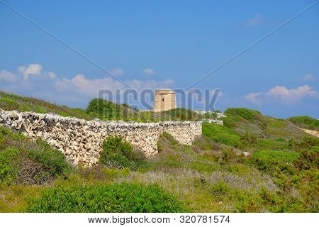 Landscape With Defense Tower Alcaufar - Torre De Defensa De Alcauf On The Balearic Island Menorca, S
