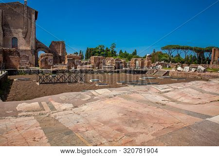 Rome, Italy - April, 2018: Ruins Of A Beautiful Decorated Floor At The Flavian Palace Also Known As 