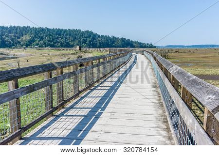 A View Of The Mud Flats And Boardwalk At The Nisqually Wetlands Near Olympia, Washington.