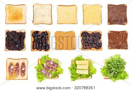 Various Open Sandwiches On Toasted Bread Isolated On White Background