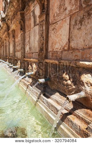 Twenty Pipes Fountain In Daroca Village Province Of Zaragoza, Spain .